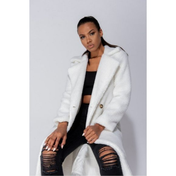 White Long Sleeve Double Breasted Loose Fit Long Maxi Teddy Bear Fur Coat - Picture 12 of 16